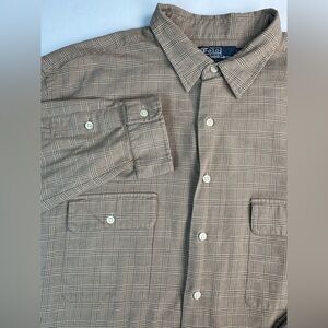 Ralph Lauren Shirt Mens XL Beige Plaid Button Up Long Sleeve Silk Cotton Blend